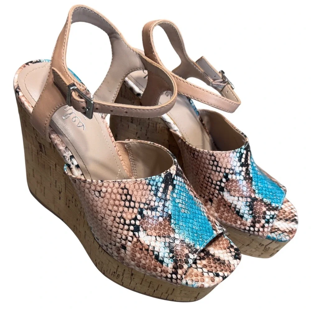 Charles David Wedge Sandals Women 7 Snakeskin Platform Cork Turquoise Tan